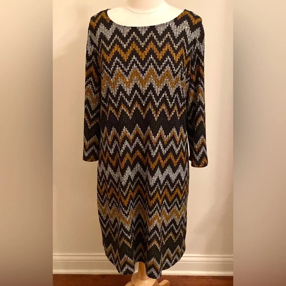 Tacera Black Orange Grey Chevron Print SZ 1X Retro Contemporary Mod Casual Dress